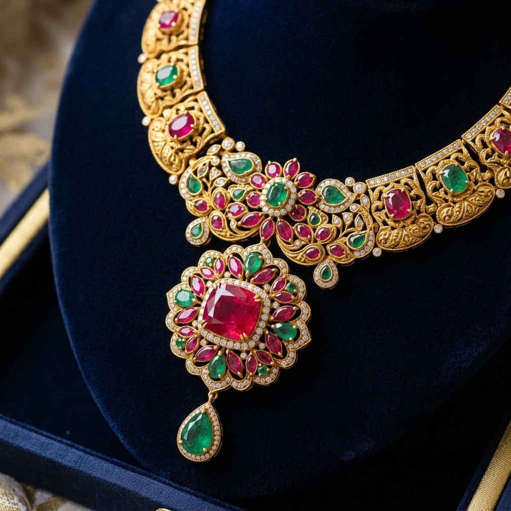 Antique Ruby & Emerald Gold Necklace